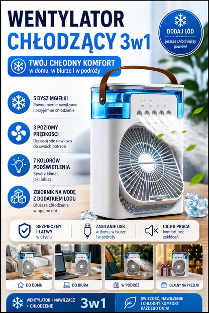Breeze Box – Wentylator Chłodzący z Nawilżaczem i Podświetleniem LED 3w1