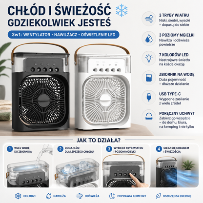 Breeze Box – Wentylator Chłodzący z Nawilżaczem i Podświetleniem LED 3w1